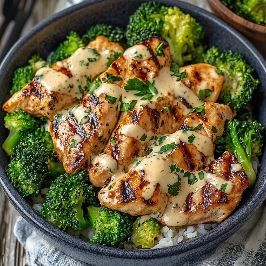Grilled Chicken & Broccoli Bowls with Creamy Garlic Sauce