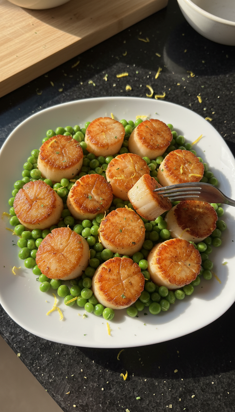 Crispy Seared Scallops with Peas