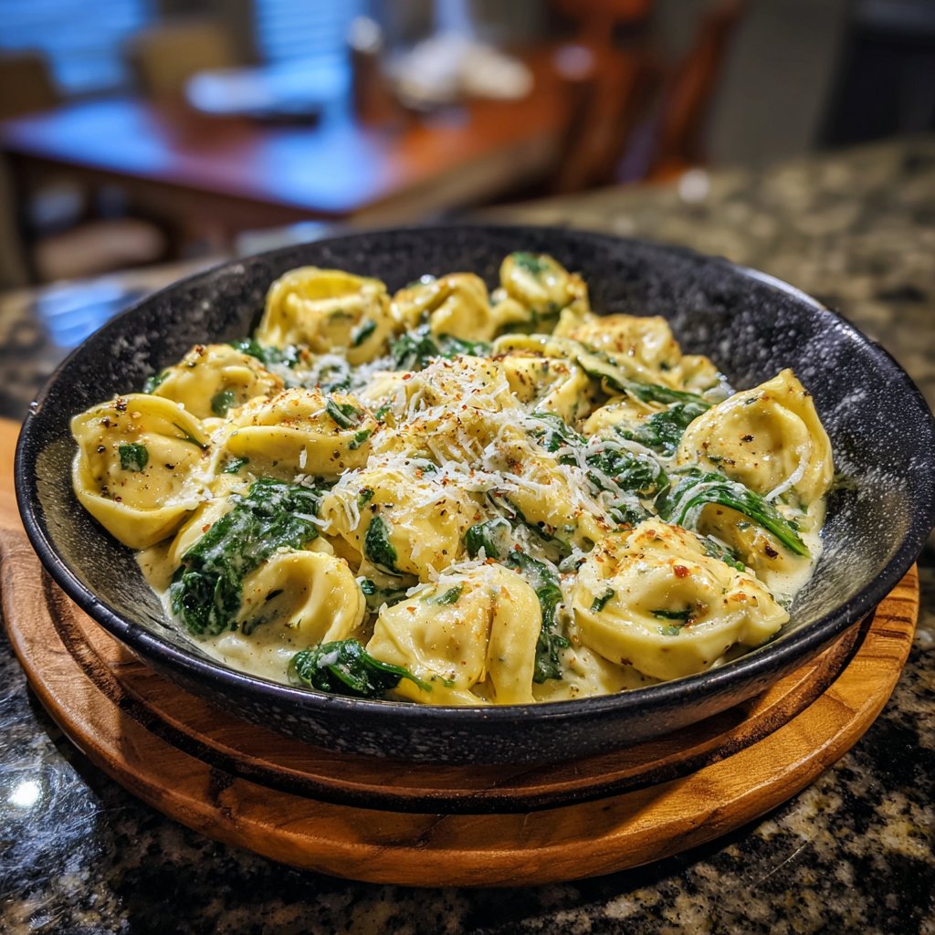 One Pot Creamy Garlic Tortellini with Spinach