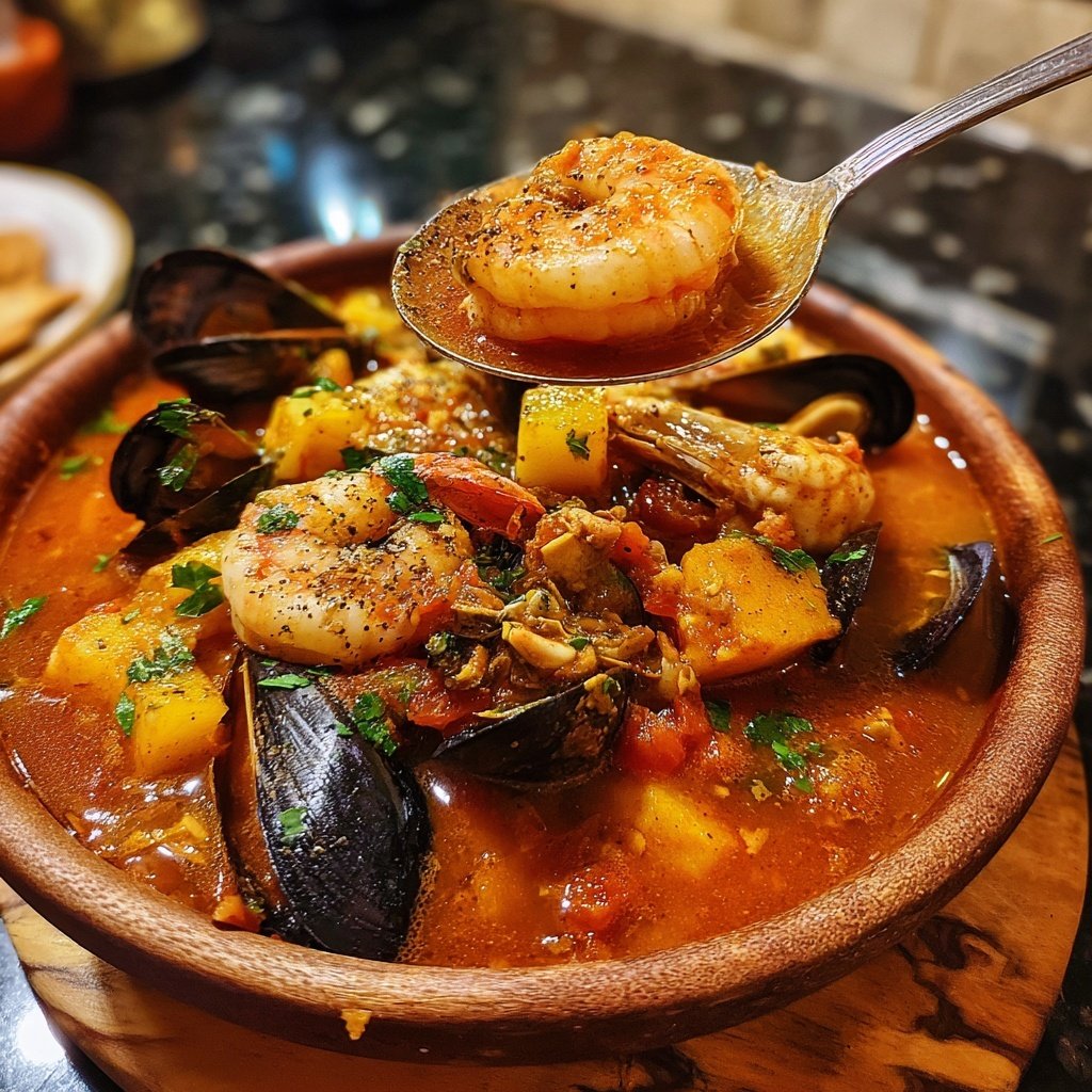 Fisherman's Stew with Roasted Garlic Crostini