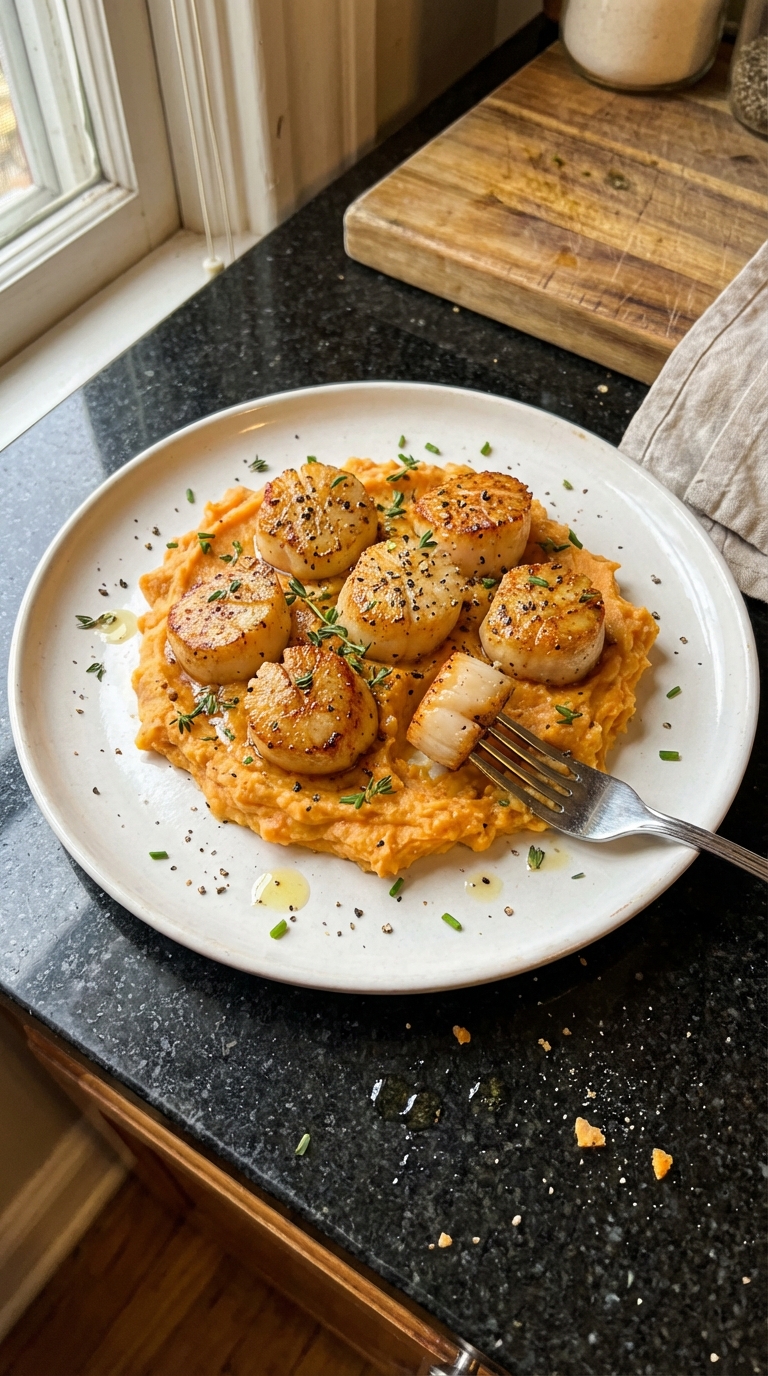 Peppered Scallops on Sweet Potato
